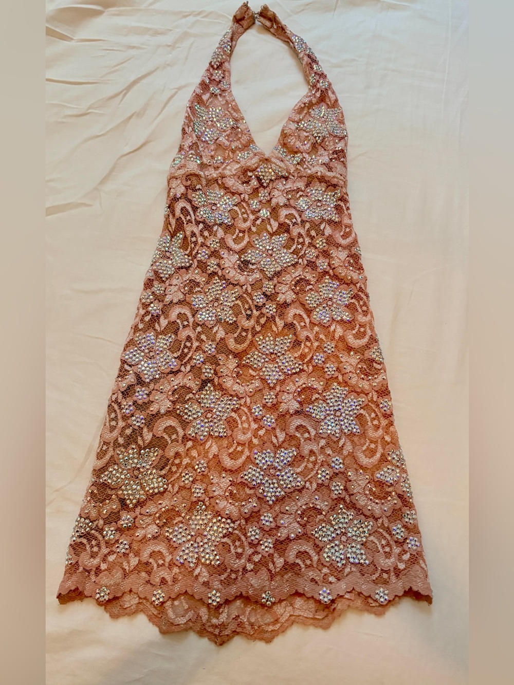 Camille Flawless Couture Swarovski Encrusted Pink Halter Mini Dress w Stretch